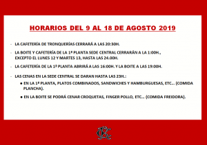 HORARIO HOSTELERÍA 09 AL 08-08-2019 @ Sede Central