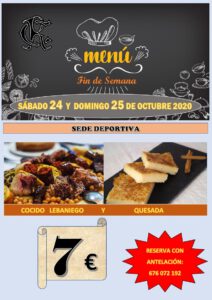 Menú Sábado 24 y Domingo 25-10-2020 @ Sede Deportiva