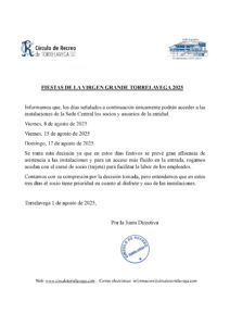 COMUNICADO FIESTAS VIRGEN GRANDE @ Sede Central