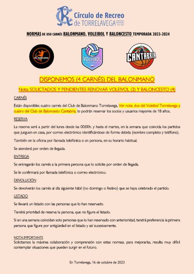 0 NORMAS CARNES BALONMANO, VOLEIBOL y CLUB BALONCESTO CANTABRIA 16-10-2023 solo balonmano