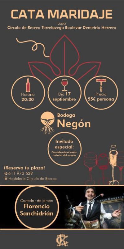 Estimados socios, por si fuera de su interés: El próximo 17 de Septiembre, se va a celebrar en la tercera planta del Círculo de Recreo en el bulevar, una experiencia de Maridaje organizada por Bodegas Negón y la empresa de hostelería que da servicio al casino (Teléfono de reservas: 611 973 529; Precio 55€). Nos comentan que se trata de un evento gastronómico de alto nivel, por la calidad de los vinos, los expertos sommelier, por la comida delicatessen que los acompañará, y por la presencia de Florencio Sanchidrian conocido como el mejor cortador de jamón a nivel internacional y que fue nombrado Embajador Mundial del jamón ibérico por la Academia Internacional de Gastronomía. https://www.bodeganegon.com/ https://es.wikipedia.org/wiki/Florencio_Sanchidri%C3%A1n