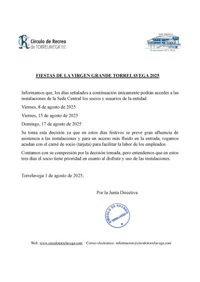 SEDE CENTRAL FIESTAS VIRGEN GRANDE DIAS NO SOCIOS 2025